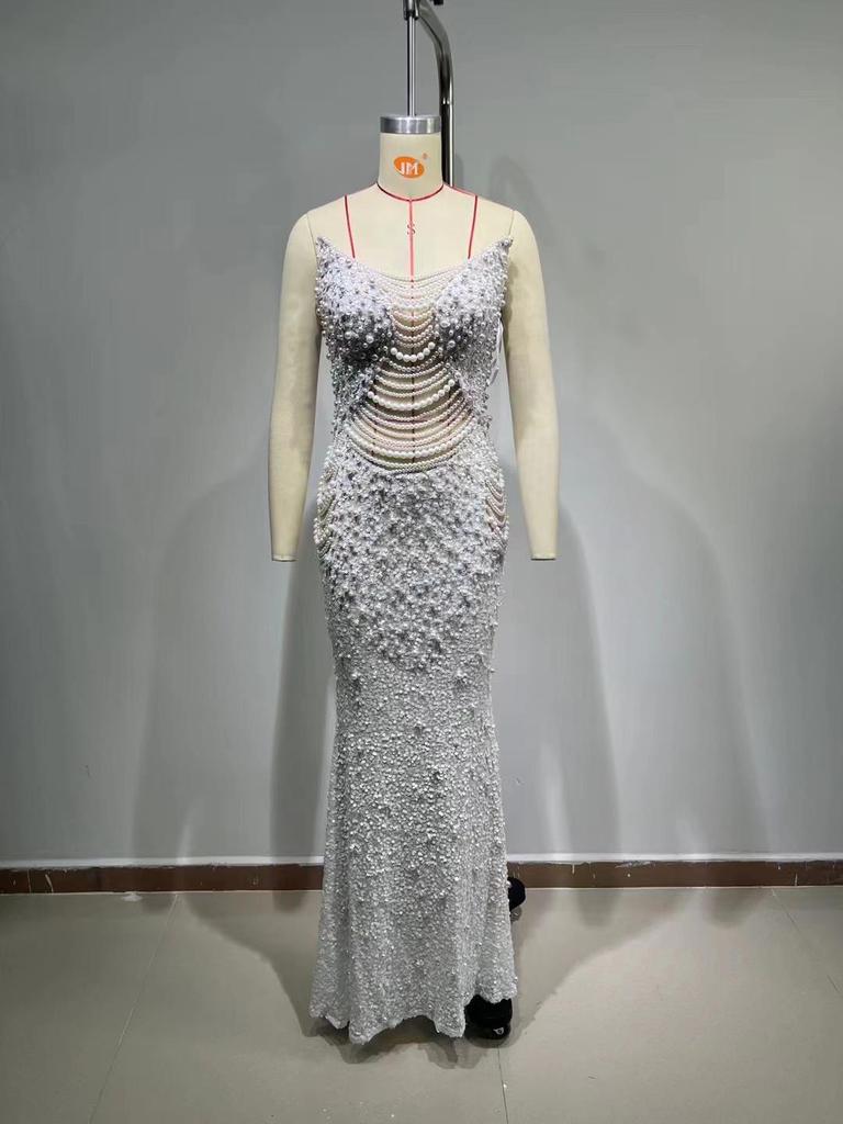 Trägerloses Abendkleid mit tiefem V-Ausschnitt, Netzstoff, hoher Taille, Perlen-Serie - Schwarz & Weiß