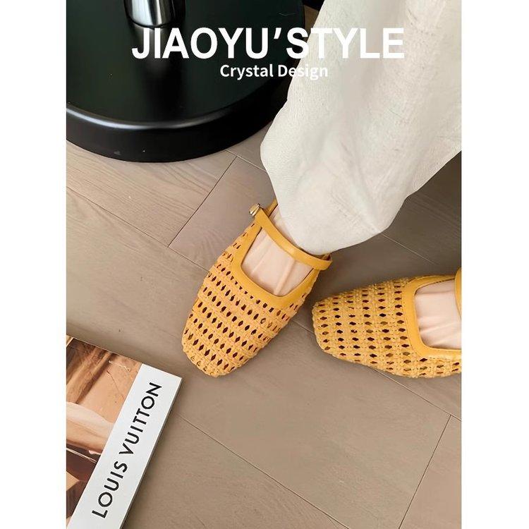 

Sheepskin version! 3cm inner height increase bag head half drag women s summer thick heel weaving hollow Mary Jane cool slippers women s outer wear 40 жёлтый