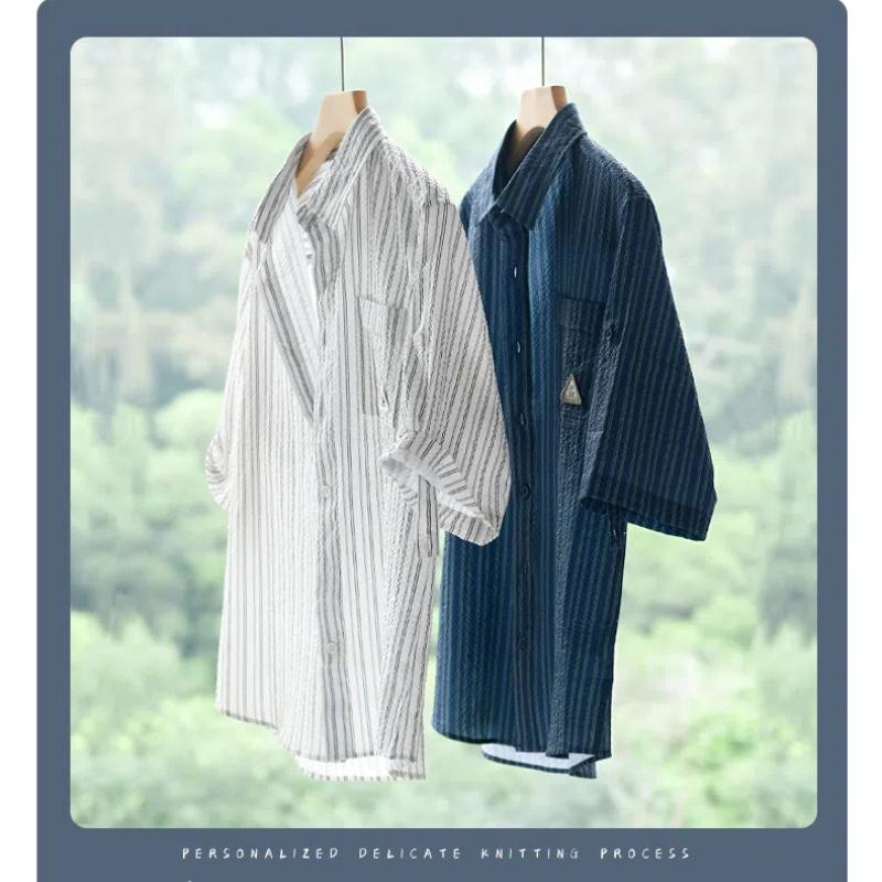 Summer Tops for Men Japan Retro Style Stripes Man Shirts Pocket Half Sleeve Butto Bubble Casual Shirt