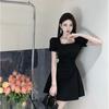 High-end French Square Neck Small Black Dress Temperament Waist Thin Wrinkled Belly Cover Dress  Summer Short Sleeves