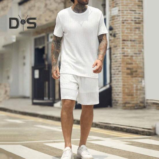 2Pcs/Set Men Sports Suit O-Neck Short Sleeve T-shirt Elastic Waist Wide Leg Shorts with Pockets Set Jacquard Texture Running Wear