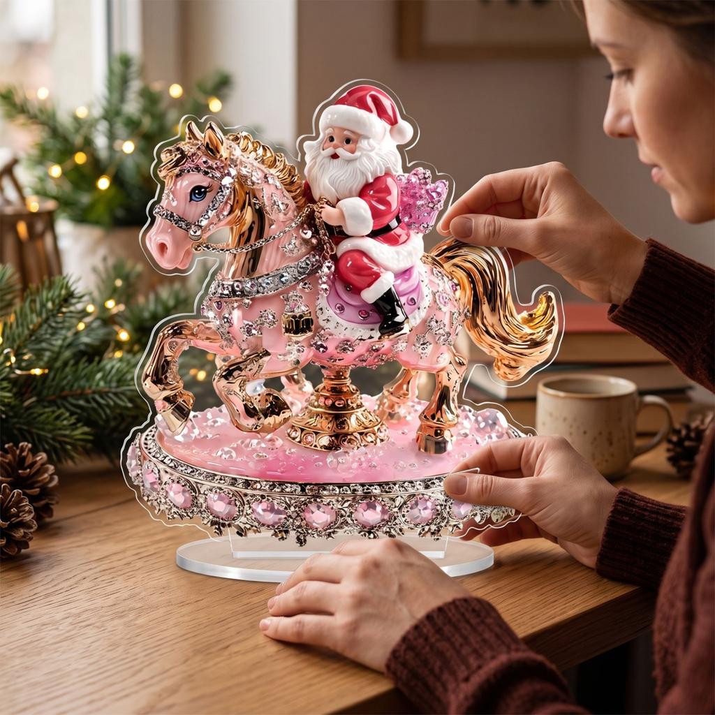 Christmas Santa Riding Horse Delivering Gifts Acrylic Desk Ornament, Flat Tabletop Decoration for Home