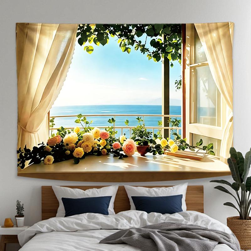 Window Ocean View Tapestry Wall Hanging Anime Desk Flowers Books Cozy Aesthetic Wall Art Bedroom Dorm Room Decor