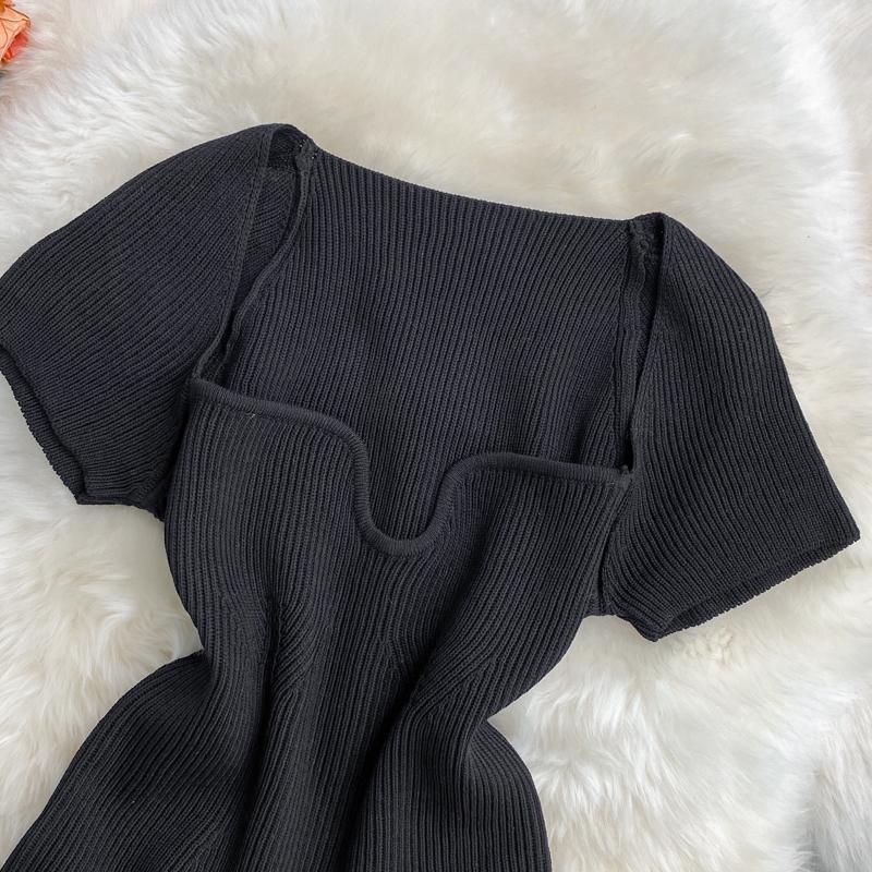 Women Summer Color Solid T Shirt Short Sleeve Square Collar Straight Tee Shirt Wear Top