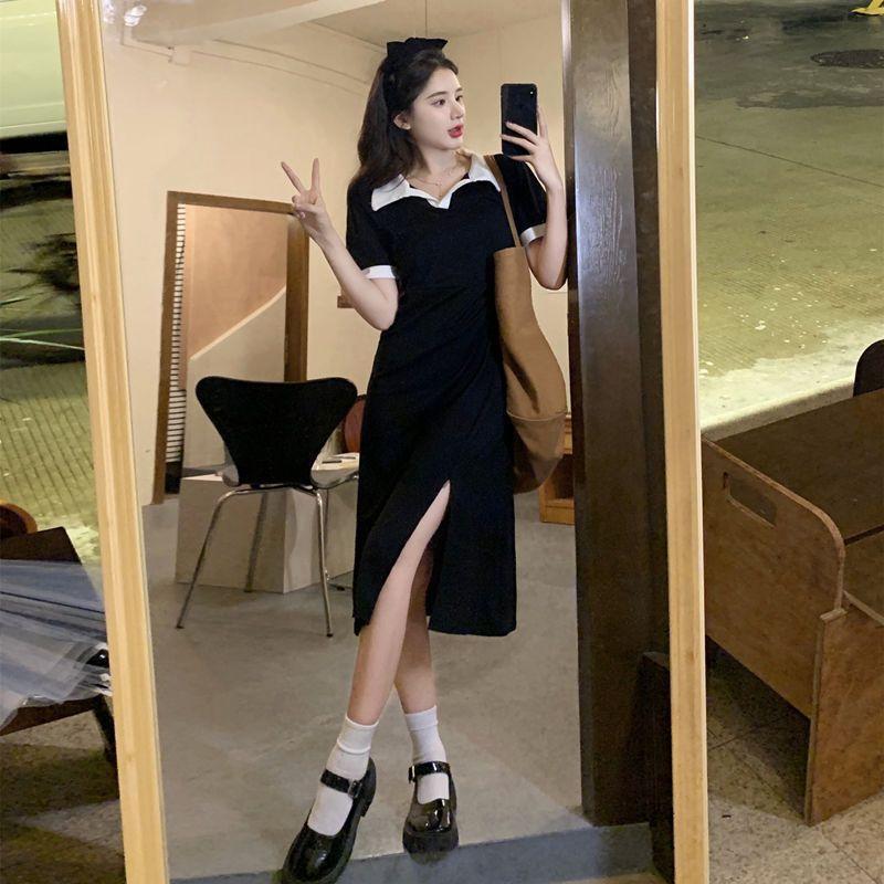 New sweet contrasting color polo neck dress women's summer design feeling pleated slim slim slim split skirt