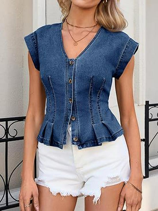 Women's V-neck Button-up Slim Fit Pleated Denim Vest Top