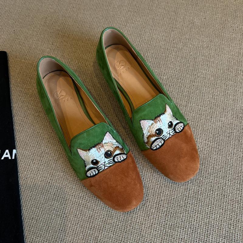 Retro embroidery kitten wears beanie shoes with one pedal commuting flat shoes women 40 зелёный 3370₽