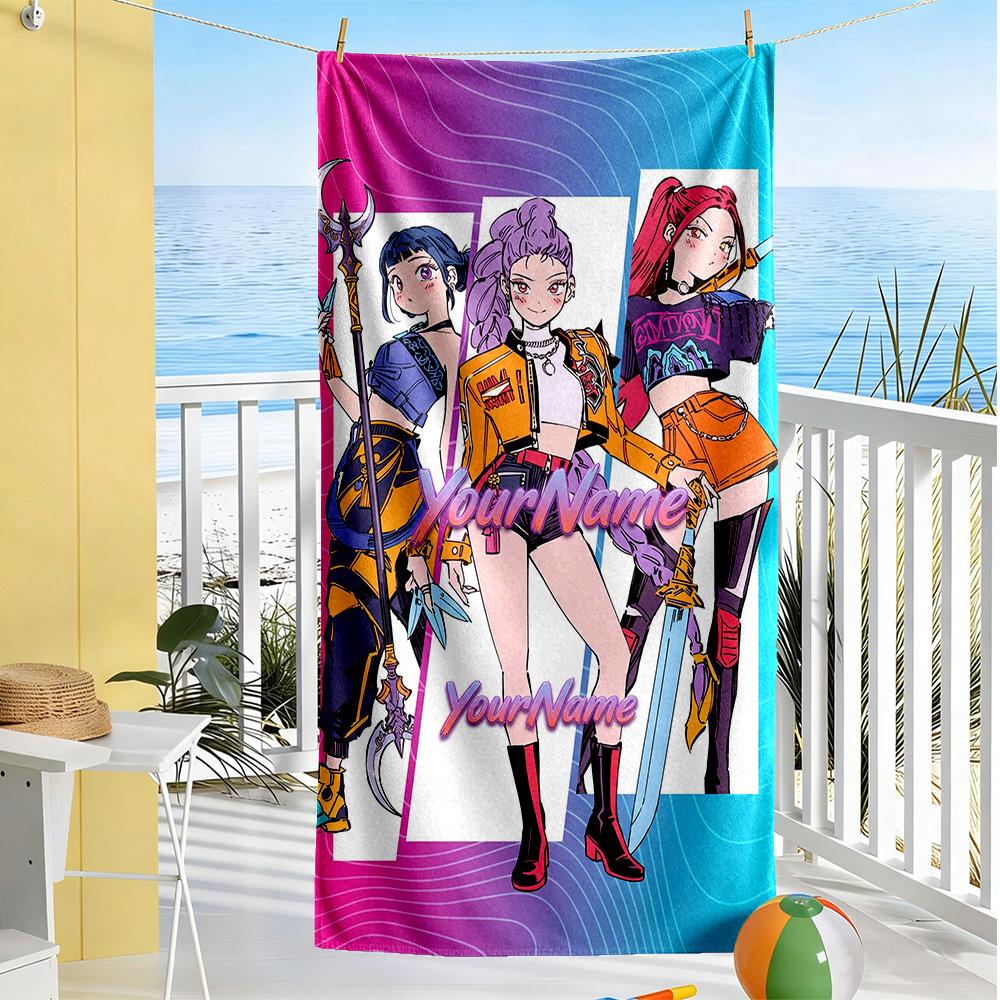Demon Hunter Girls Personalized Name Beach Towel Super Soft & Absorbent Suitable for Swimming Gym Camping Yoga Vacation