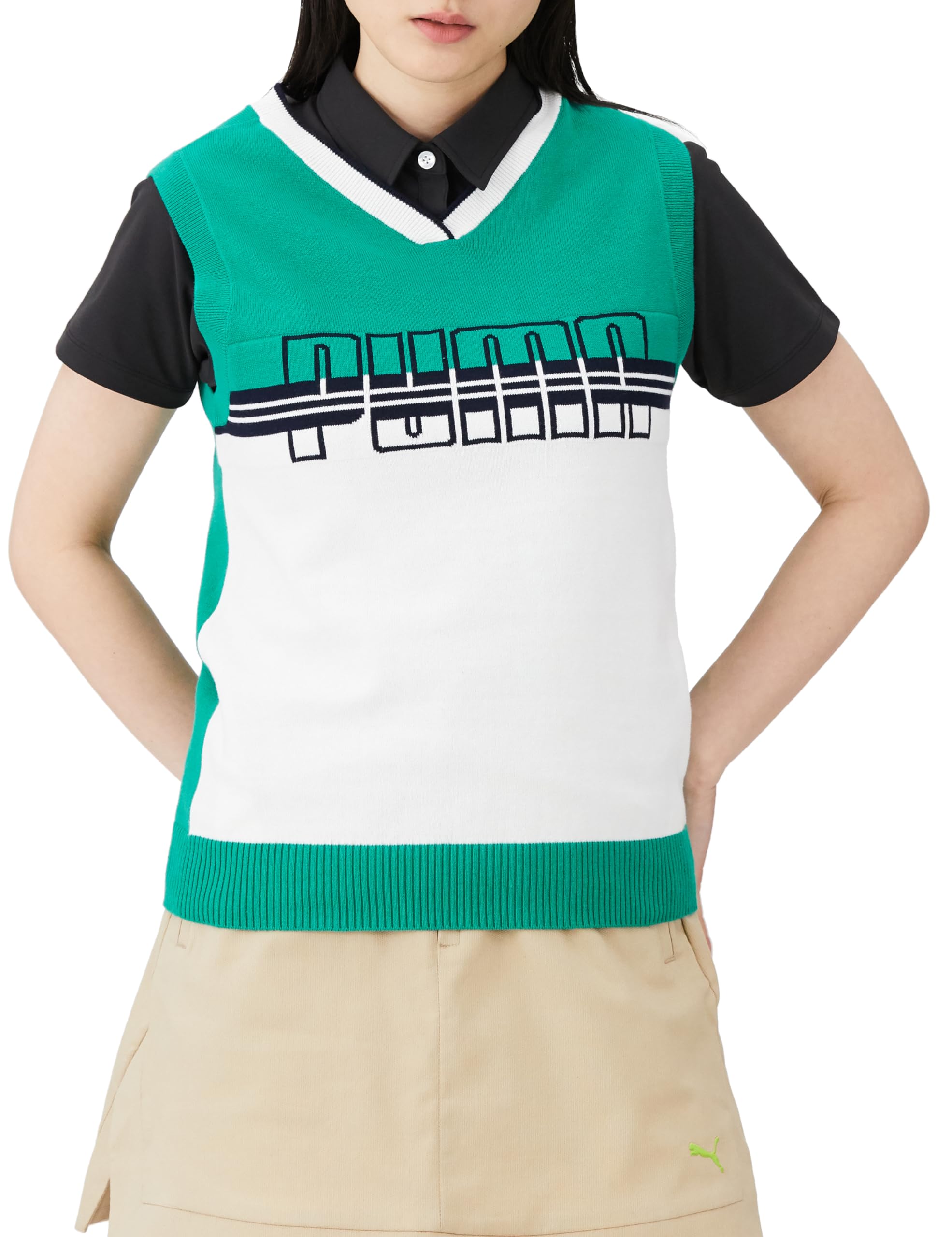 

Жилет для гольфа GOLF W Хлопковый Логотип Вязаный Сверкающий Зеленый [PUMA] V-образный вырез Жилет/627701 Женский