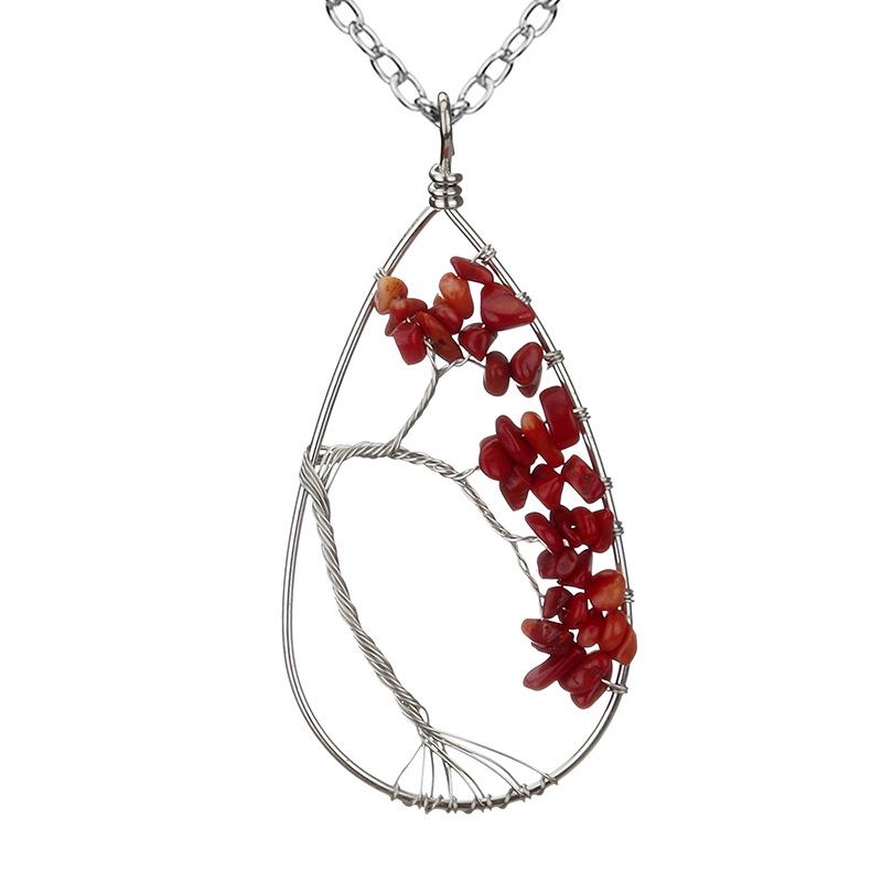 Handmade Silver Wrapped Copper Wire Crushed Stone Tree of Life Necklace, Water Drop Natural Stone Design, Bent Tree of Life Necklace N28.
