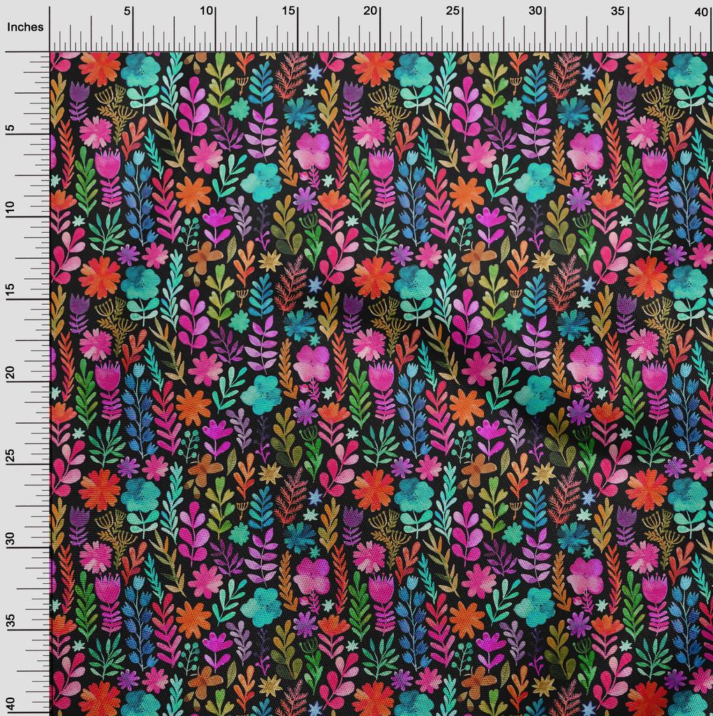 oneOone Georgette Viskose Schwarzer Stoff Blätter & Florales Aquarell Kleiderstoff Druckstoff Meterware 42 Zoll