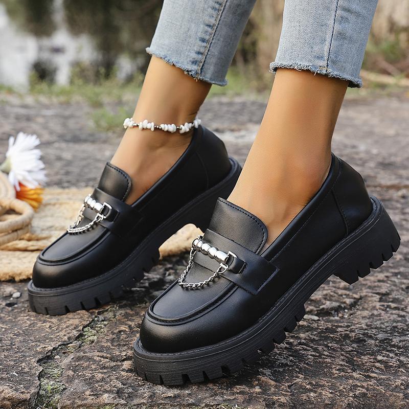 Fashion 2025 Fashion Metal Chain Platform Loafers Women Thick Bottom Pu Leather Shoes Woman Slip On Black Student Shoes Plus Size 35-43