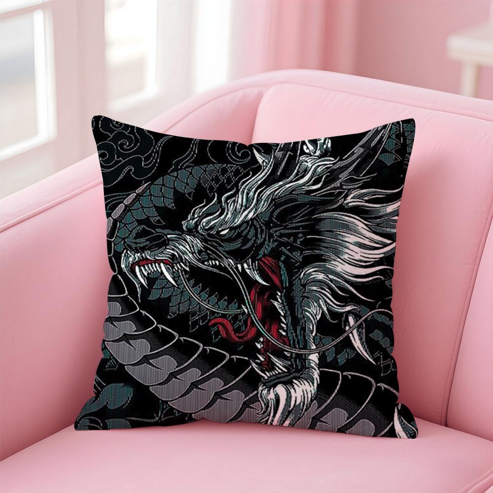 Mythology Traditional Japanese Dragon Cushion Cover Pillowcase Short Plush Invisible Zipper Room Sofa Cushion Cover