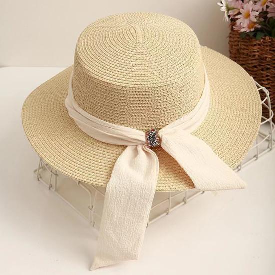 Straw Hat Lightweight Breathable Flat Top Wide Brim Sun Protection Hat Metal Buckle Ribbon Decorated Hat Summer Beach Hat