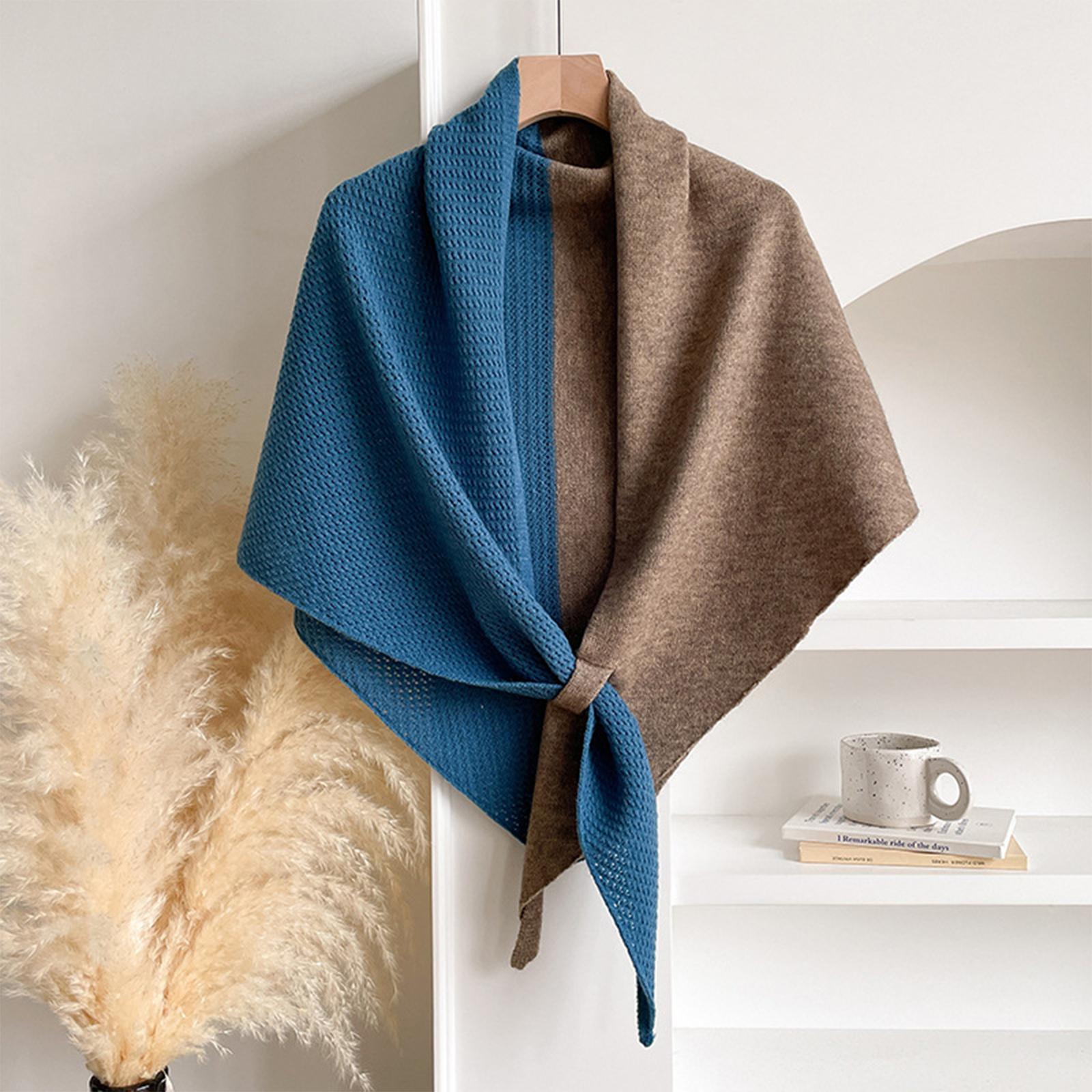 

Two Tone Fashion Trendy Wool Scarf Chic Shoulder Wrap Knot Design Versatile Elegant Stylish Outerwear Ladies Wrap Knit Shawl One Size темно-синий