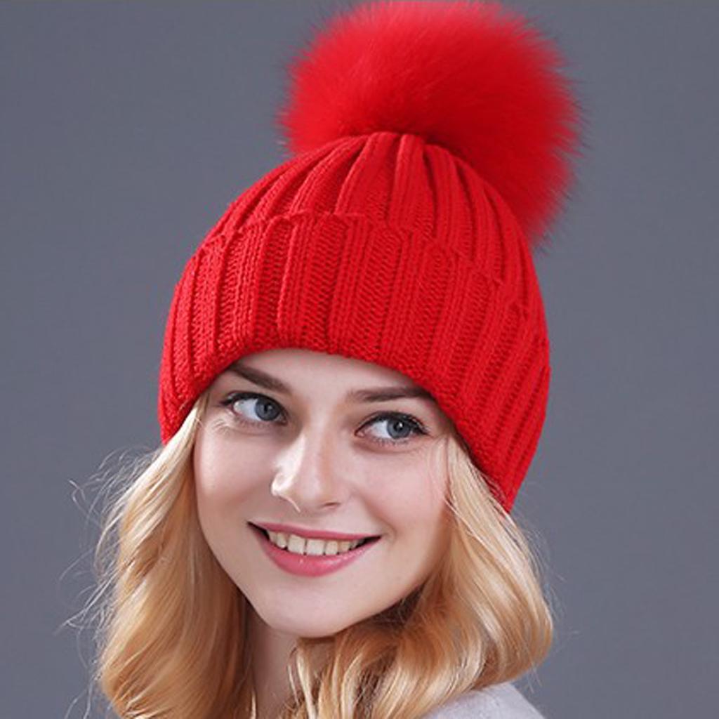 Xthree Berretto Invernale in Maglia con Pompon in Vera Pelliccia per Donna Cappello Berretti Cappellini Nuovissimo Spesso Cappello Femminile Cappellini Berretti
