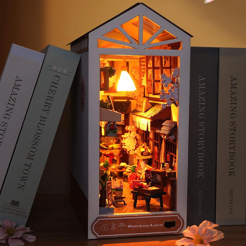 Bücherregal-Set Puppenhaus Holz Beleuchtet DIY Buchnische Bausatz 3D Puzzle Zusammenbau Gebäudemodell Buchstützen Geburtstagsgeschenke für Erwachsene