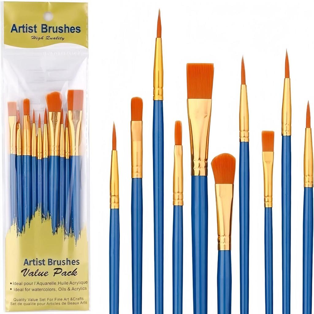 Children's Paintbrush Set: 10-Piece Long Handle Nylon Brushes for Oil, Acrylic, and Watercolor Painting.