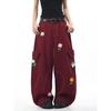 Burgundy Floral Embroidery Retro Cargo Pants - Unisex Loose Fit Denim with Wide Legs for Autumn