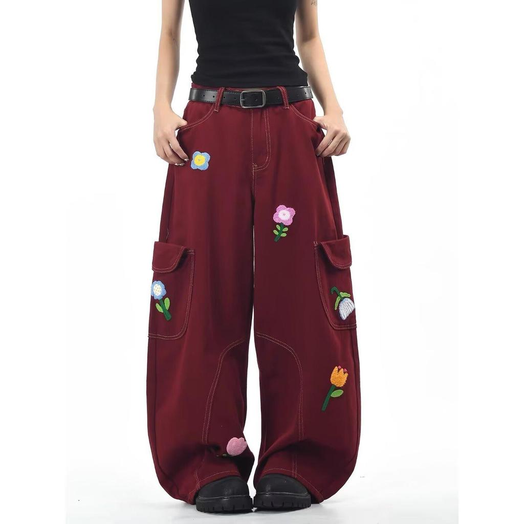 Burgundy Floral Embroidery Retro Cargo Pants - Unisex Loose Fit Denim with Wide Legs for Autumn