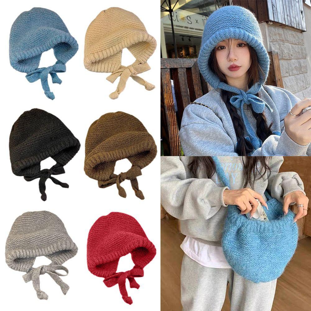 Strap Windproof Rope Knitted Hat Ear Protection Wool Balaclava Hat Cute Pullover Hat  Women