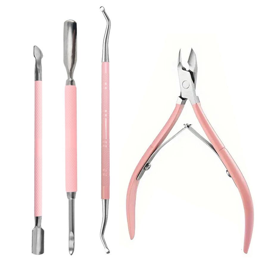 

Набор из 4 предметов для наращивания ногтей, пушер для удаления кутикулы, ножницы, инструмент для коррекции кутикулы из нержавеющей стали, набор для маникюра и педикюра розовый