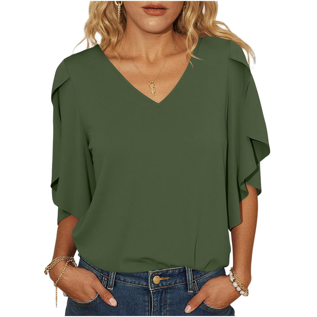 Women's Loose Fit Chiffon Blouse V Neck Casual Top Lightweight Flowing Sleeve Shirt for Everyday Wear