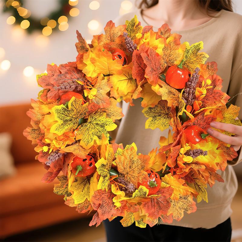 Autumn Harvest Maple Leaf & Pumpkin Door Wreath for Halloween & Thanksgiving