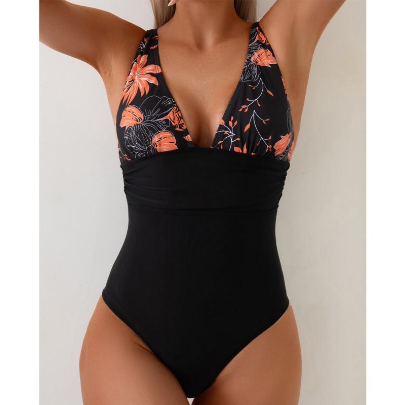 Popular One-piece Swimsuit Female Backless Bikini Print Slim-fitting Belly-covering S