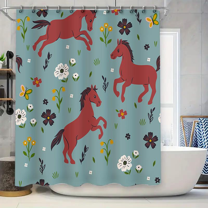 

Vintage Blue Shower Curtain With Dynamic Red Horses And Spring Flowers Home Decor Bathroom Accessories W60H190(CM)-1 Pcs