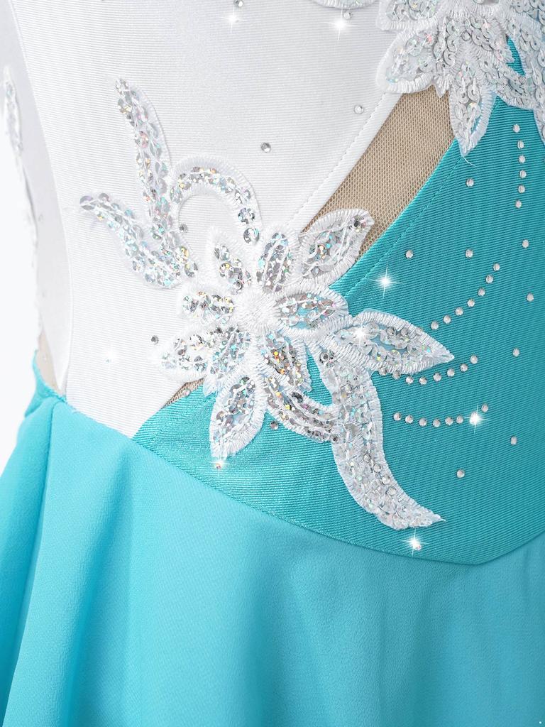 Kinder Mädchen Stilvolle Eiskunstlauf Kleidung Ärmelloses Hohlkreuz Glänzende Pailletten Blumendekor Tanzkleid