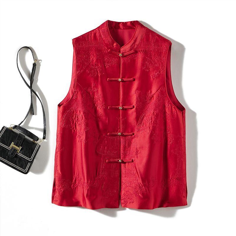 

Relief! Dark Pattern Building Chinese Style Women s Stand Collar Show Acetic Acid Satin Plate Buckle Vest Bandage Dress Thin Coat New Red 3XL