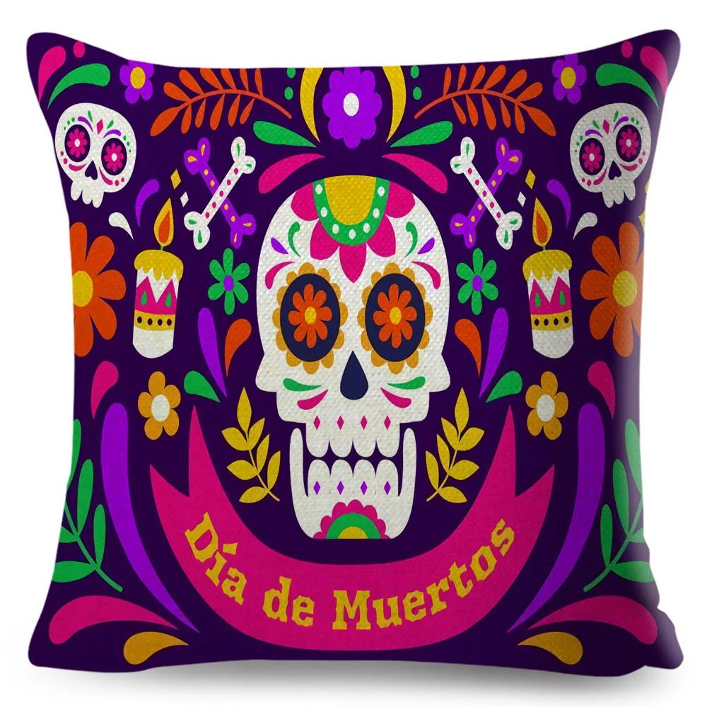 Day Of The Dead Pillowcase Decor Cartoon Mexico Flower Skull Print Cushion Cover for Sofa Home Polyester Pillow Case 45x45cm