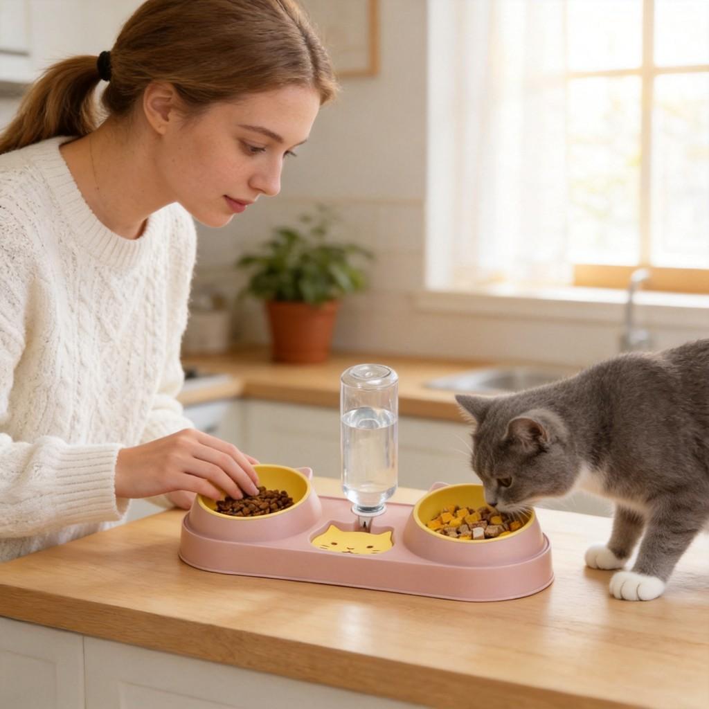 Pet Cat Food And Water Bowl Set With Antispill Design For Home Use