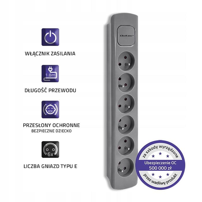 Qoltec 6-Socket Power Strip | 1.8m | Gray
