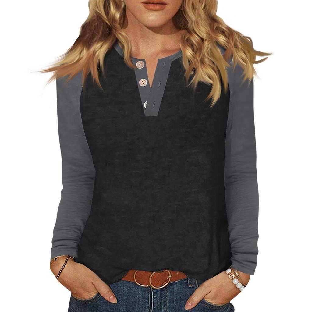 Women's T Shirt Color Block Button Long Sleeve Daily Weekend Fashion Basic V- Neck Regular Top
