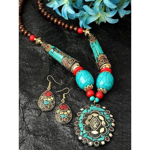 Fashion Latest Stylish Traditional Tibetan Pendant Necklace Jewellery Set for Women