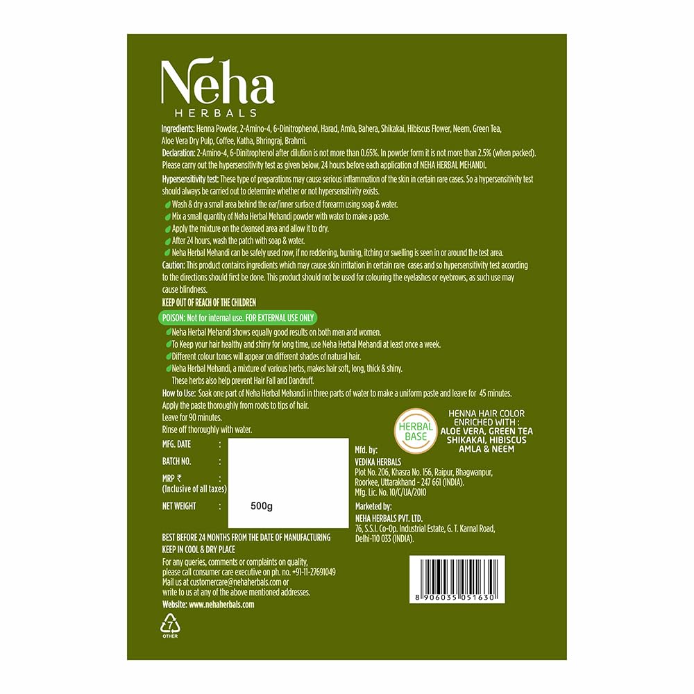 Neha Herbals Natural Henna Powder 500 g x  Pack Of 2 For Soft Shiny Hair Nourishing Herbal Hair Color And Conditioning Mehndi For Men Women