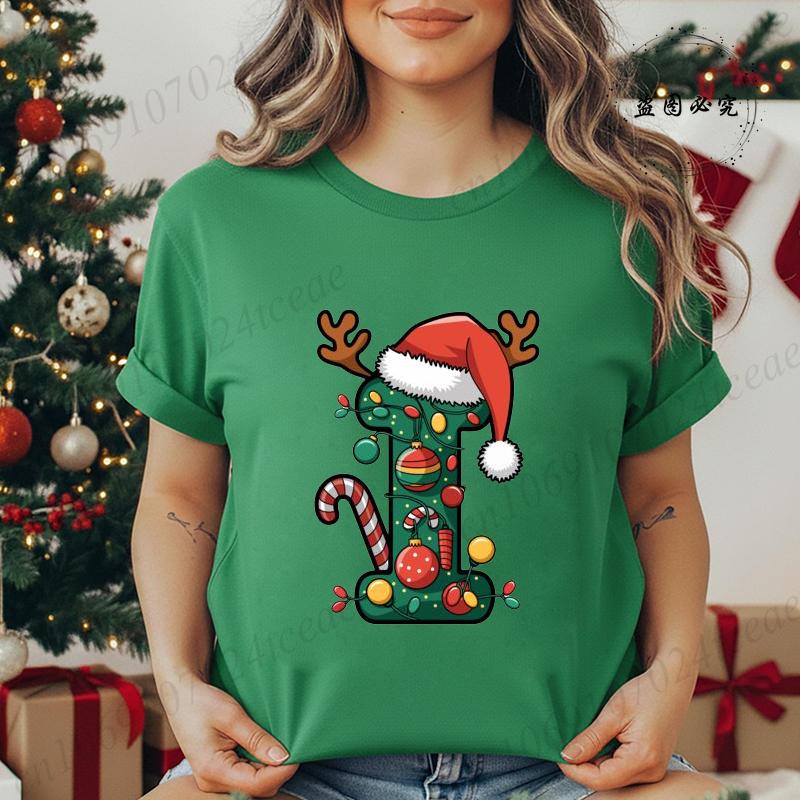Fashion Printed T Shirt Festive Christmas Alphabet Letter with Santa Hat Unisex T Shirt Short Sleeves Crew Neck Female Clothes
