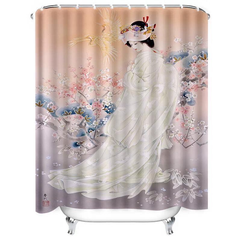 Luxury Vintage Floral Shower Curtain with Birds Print for Bathroom Decoration Peach Pink White Colorful Bath Rug Set Home Waterp