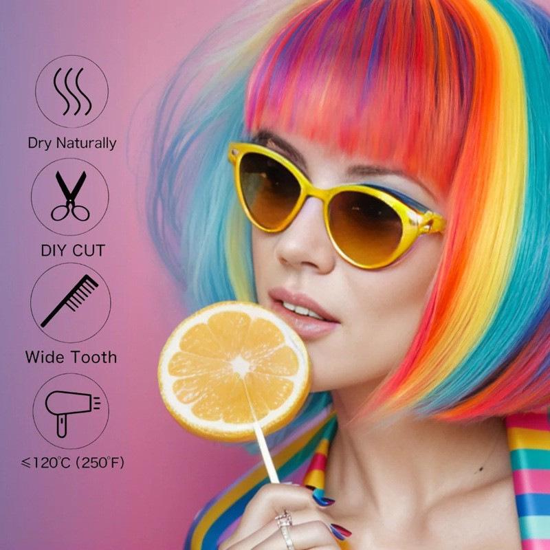Multicolor Bob Wig for Women - Short Straight Hair, Party & Cosplay Style
