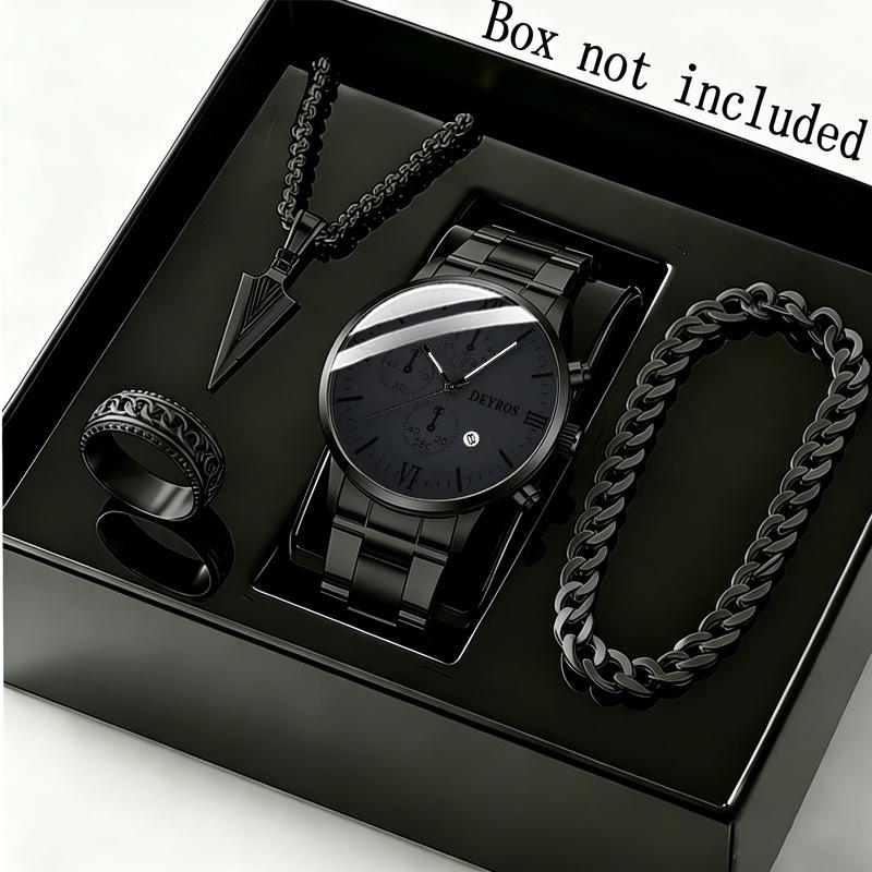 4pcs/set Men s Retro Stainless Steel Quartz Watches with Triangle Spearhead Necklace Set Date Casual Business Sports Men Watch Elegant Watch for Men