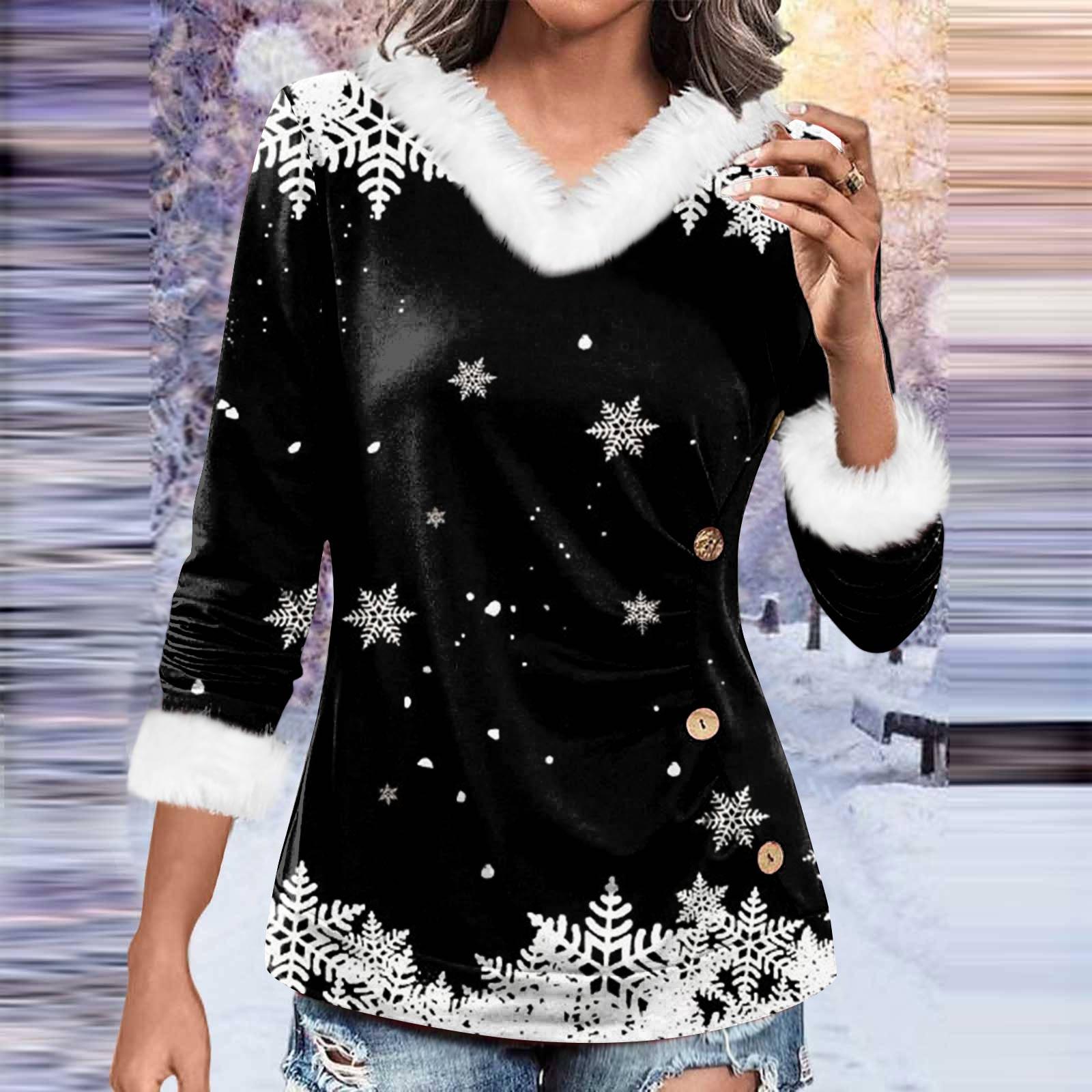 

Женская футболка Рождественская рубашка Повседневные свободные рубашки с длинным рукавом Плюшевые пуговицы по бокам Оборки Принт Блузка Пуловеры Топы M чёрный