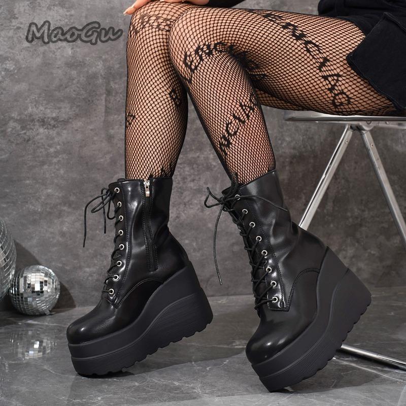 Fashion Height Increasing Boots for Women Autumn 2025 New High Heels British Style Platform Short Boots Black Side Zip Women's Punk Shoe