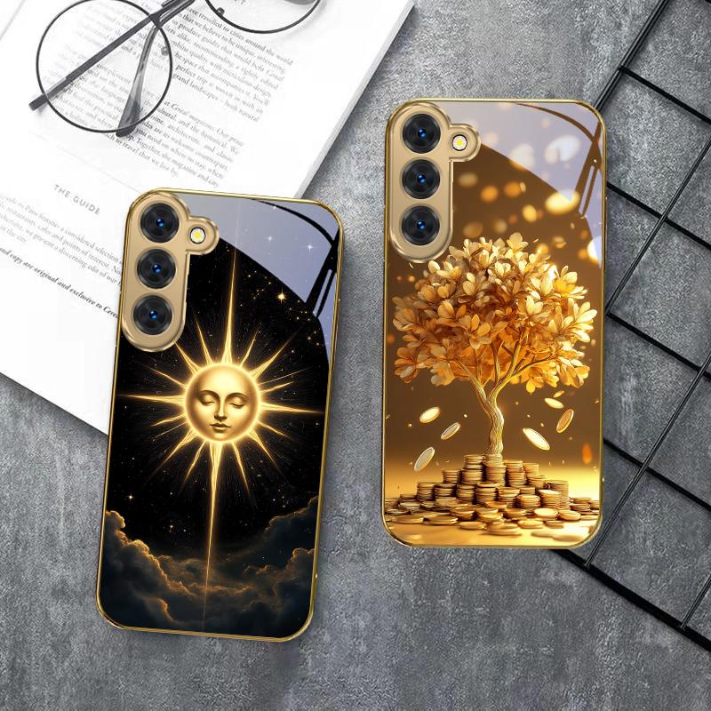 Mysterious Black Cat For Samsung Galaxy S26 S20 FE S21 S22 S23 Plus S24 Ultra S25Ultra S21+  S22Plus Golden Glass Phone Case