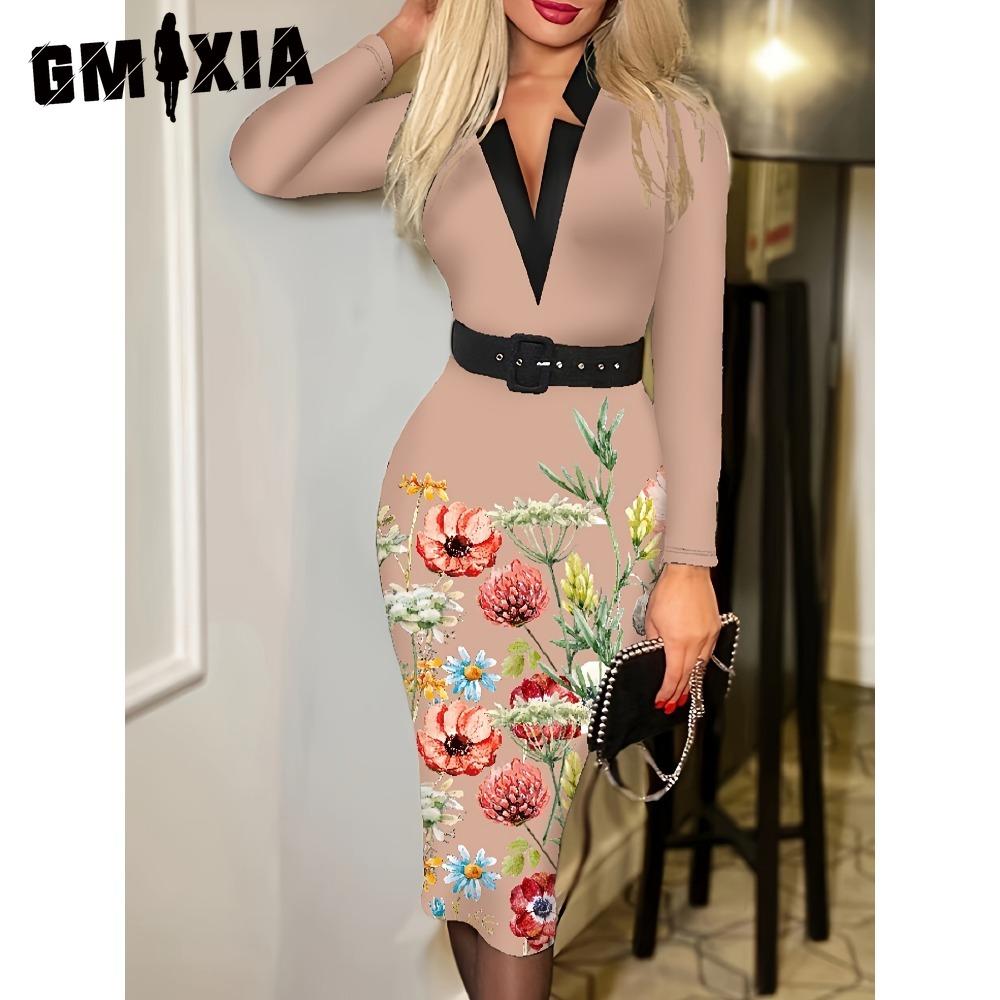 

GMXIA Женская мода весенне-осенние повседневные платья с длинным рукавом и v-образным вырезом с высокой талией XXXL