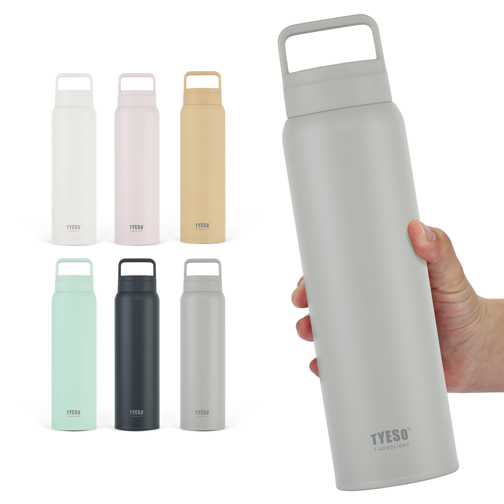 

TYESO Water Bottle with Vacuum Portable Keeps Drinks Hot or Large Seamless 316 Stainless Easy to Removable Drinking Spout for Light Gray Handle,