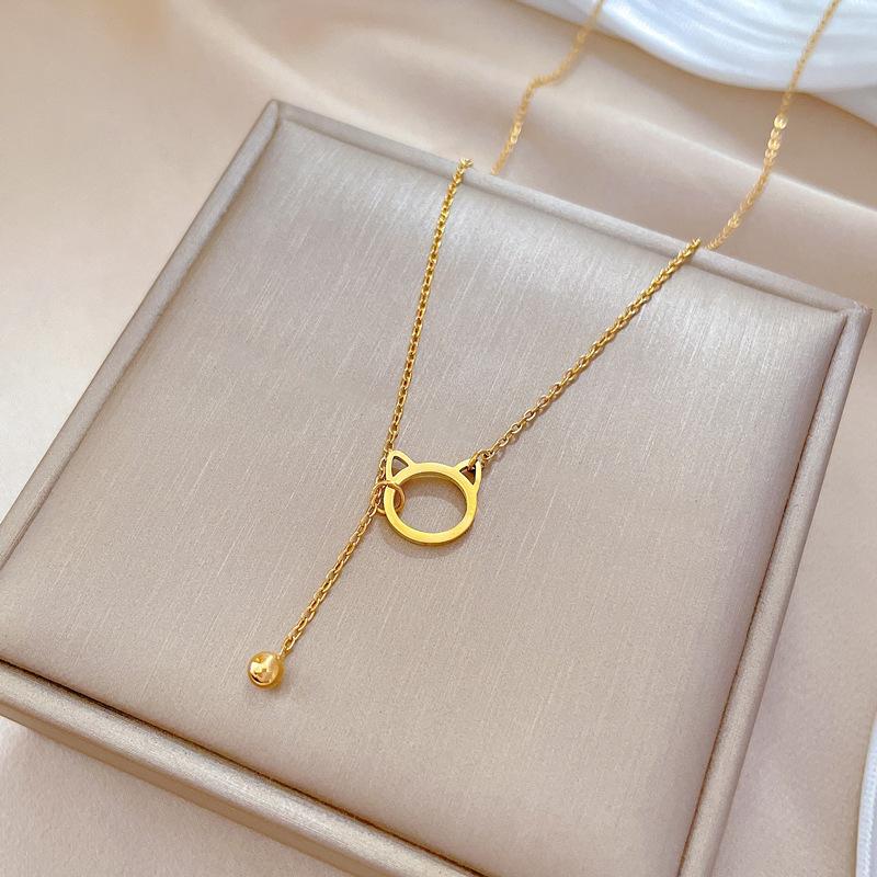 Titanium Steel Cat Tassel Minimalist Wind Stove Real Gold Necklace Female Collarbone Chain Accessories
