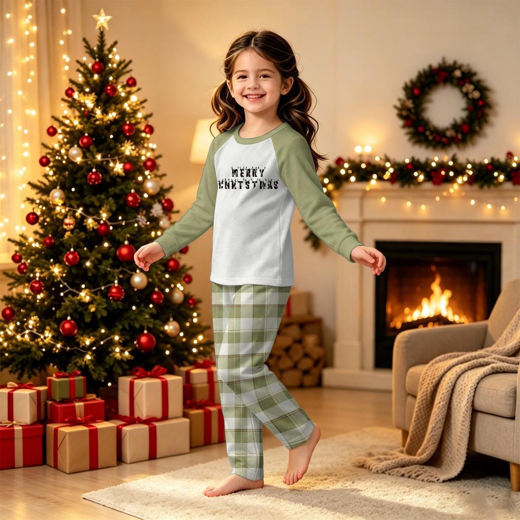 Family Matching Christmas Pajama Set Long Sleeve Long Pants Round Neck Print for Adults and Kids