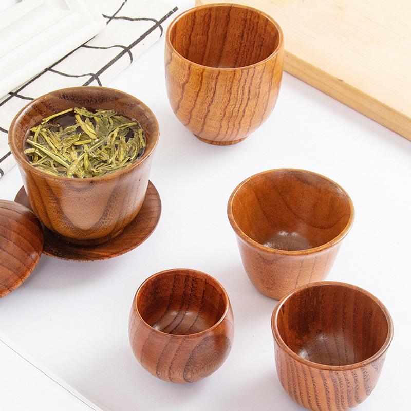 Copos de Madeira Barrigudos Estilo Japonês Copo para Leite Água com Alça Caneca para Café Cerveja Chá Feito à Mão Natural Cozinha Bar Copos para Bebida